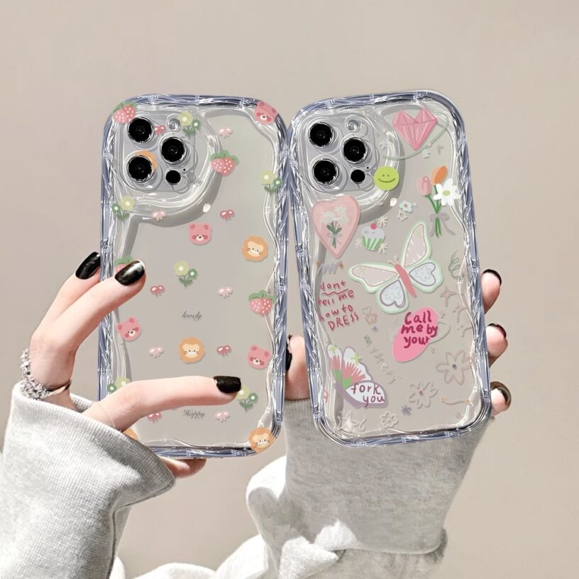 Casing hp iPhone 15 Pro Max iPhone 11 12 14 13 Pro Max XR 7Plus X XS Max 6s 7 8 6 Plus SE 2020 Cartoon Bear and Butterfly 3D Soft Wave Edge TPU Phone Case Cover SUNSHINE - Gambar 2