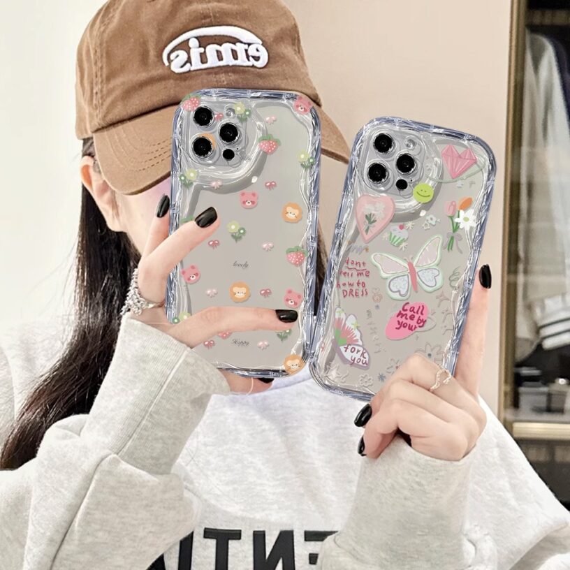 Casing hp iPhone 15 Pro Max iPhone 11 12 14 13 Pro Max XR 7Plus X XS Max 6s 7 8 6 Plus SE 2020 Cartoon Bear and Butterfly 3D Soft Wave Edge TPU Phone Case Cover SUNSHINE - Gambar 3