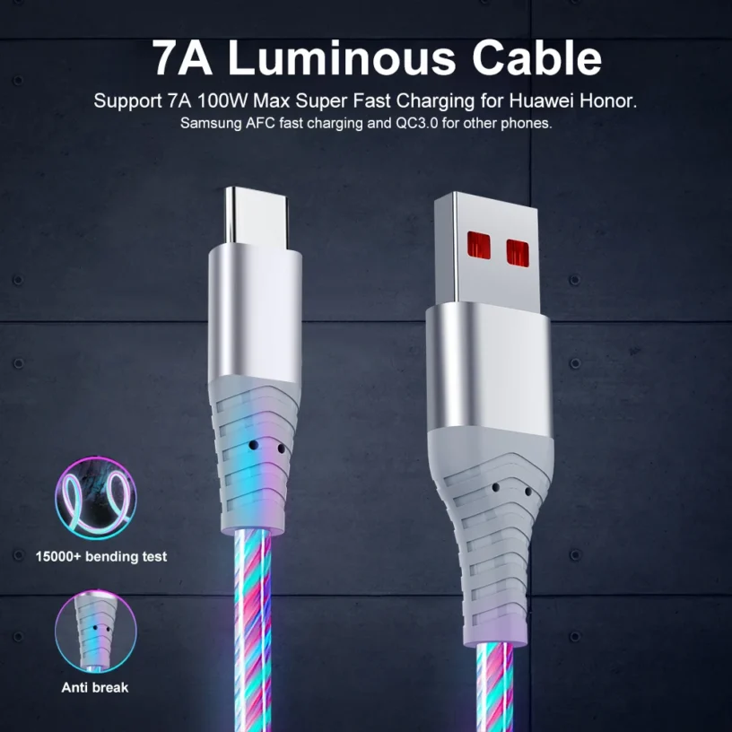 7A Glowing Cable Micro USB Type C Cable Fast Charging For iPhone Huawei Xiaomi LED light Charger Flowing Streamer USB C Cord - Gambar 2