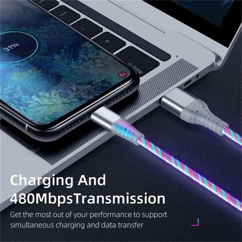 7A Glowing Cable Micro USB Type C Cable Fast Charging For iPhone Huawei Xiaomi LED light Charger Flowing Streamer USB C Cord - Gambar 3