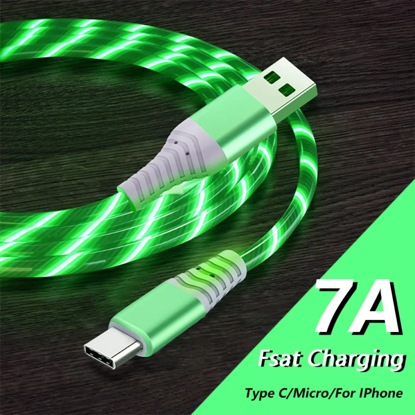 7A Glowing Cable Micro USB Type C Cable Fast Charging For iPhone Huawei Xiaomi LED light Charger Flowing Streamer USB C Cord