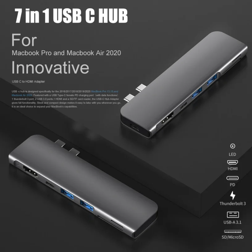 USB 3.1 Type-C Hub To HDMI Adapter 4K Thunderbolt 3 USB C Hub with Hub 3.0 TF SD Reader Slot PD for MacBook Pro/Air 2018 - 2020 - Gambar 4