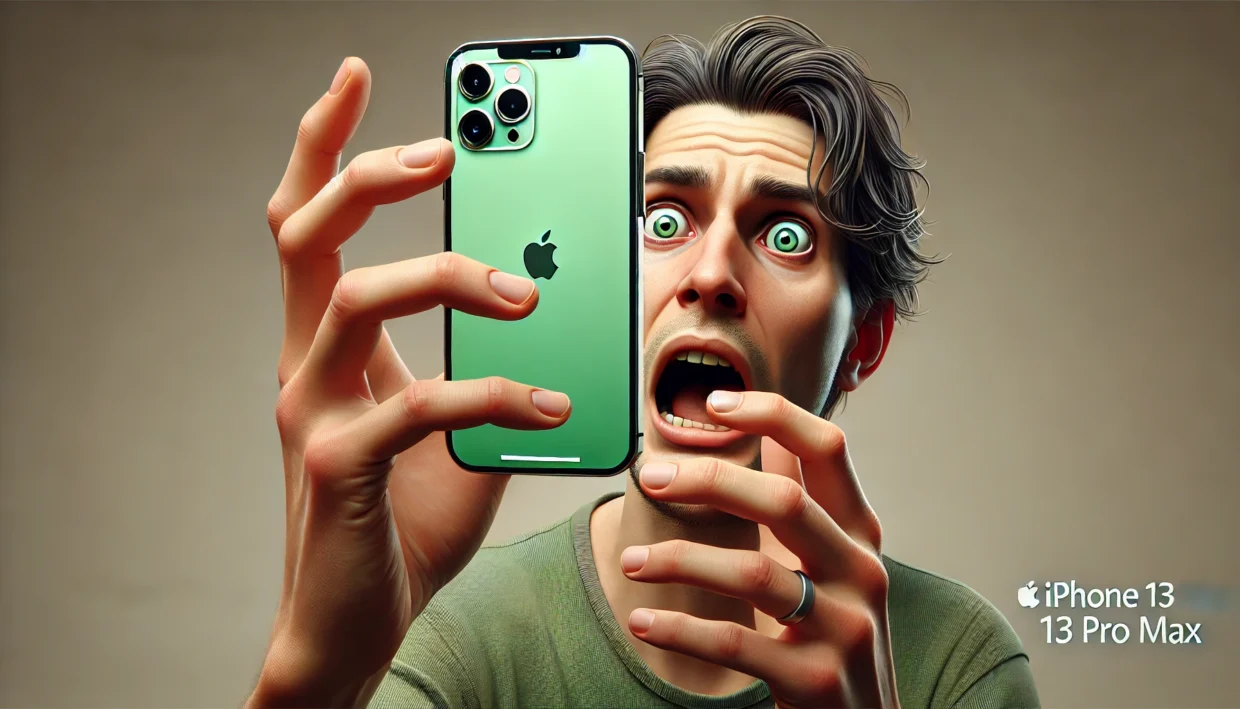 DALL·E 2024-12-26 02.31.12 - A realistic illustration in 16_9 aspect ratio showing a person holding an iPhone 13 Pro Max with a blank green screen. The person has a panicked facia