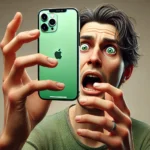 DALL·E 2024-12-26 02.31.12 - A realistic illustration in 16_9 aspect ratio showing a person holding an iPhone 13 Pro Max with a blank green screen. The person has a panicked facia