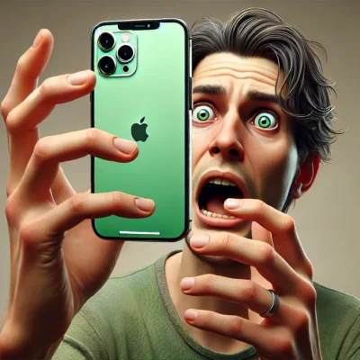 DALL·E 2024-12-26 02.31.12 - A realistic illustration in 16_9 aspect ratio showing a person holding an iPhone 13 Pro Max with a blank green screen. The person has a panicked facia