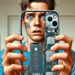 DALL·E 2024-12-26 02.35.36 - A realistic illustration of a person holding an iPhone 15 Pro Max with a panicked expression due to a mechanical issue. The person has wide eyes, a sl