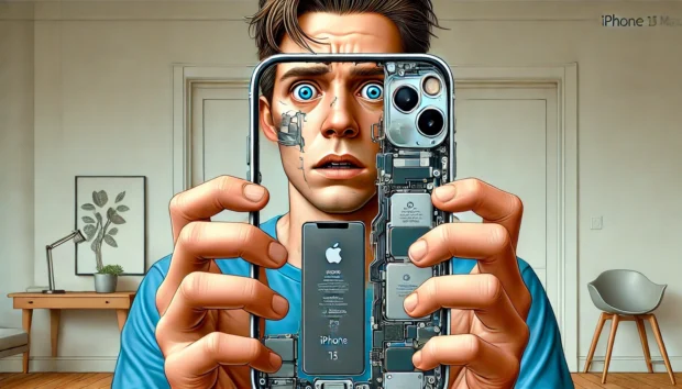 DALL·E 2024-12-26 02.35.36 - A realistic illustration of a person holding an iPhone 15 Pro Max with a panicked expression due to a mechanical issue. The person has wide eyes, a sl