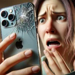 DALL·E 2024-12-26 02.38.54 - A realistic illustration with a 16_9 aspect ratio depicting a person holding an iPhone 15 Pro Max with a panicked expression due to the broken rear ca