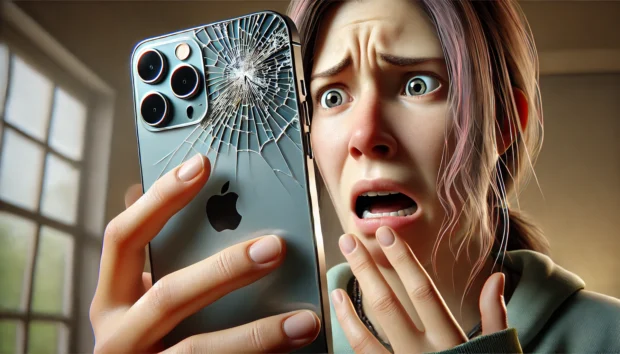 DALL·E 2024-12-26 02.38.54 - A realistic illustration with a 16_9 aspect ratio depicting a person holding an iPhone 15 Pro Max with a panicked expression due to the broken rear ca