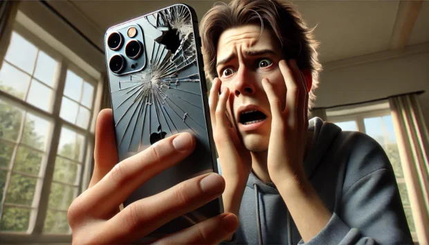 DALL·E 2024-12-26 02.40.34 - A realistic illustration with a 16_9 aspect ratio showing a person holding an iPhone 15 Pro Max with a panicked expression on their face. The main foc