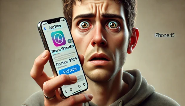 DALL·E 2024-12-26 02.42.55 - A realistic illustration with a 16_9 aspect ratio, depicting a person holding an iPhone 15 Pro Max with a panicked expression. The focus is on the det