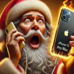 DALL·E 2024 12 26 02.45.10 A realistic illustration in a 16 9 aspect ratio depicting Santa Claus holding an iPhone 15 Pro Max with a panicked expression. The focus is on the det