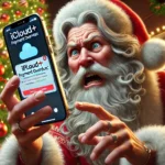 DALL·E 2024 12 26 02.49.26 A realistic illustration in a 16 9 aspect ratio depicting Santa Claus holding an iPhone 15 Pro Max with a dramatic and panicked expression. The iPhone