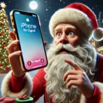 DALL·E 2024 12 26 02.51.13 A highly realistic 16 9 illustration of Santa Claus holding an iPhone 15 Pro Max. Santa has a panicked expression with wide eyes a furrowed brow and