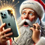 DALL·E 2024 12 26 02.53.30 A realistic illustration in a 16 9 ratio featuring Santa Claus holding an iPhone 15 Pro Max with a panicked expression on his face as the phones batt