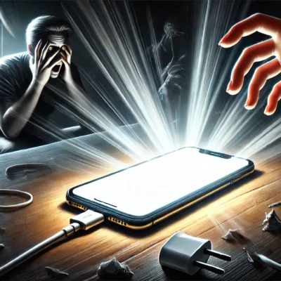 DALL·E 2024 12 26 03.22.38 A 16 9 dramatic and emotional illustration of an iPhone with a white blank screen portrayed as a void emitting intense bright light drawing attent