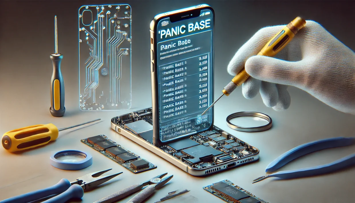 Ilustrasi log Panic Base pada iPhone dan proses perbaikan hardware