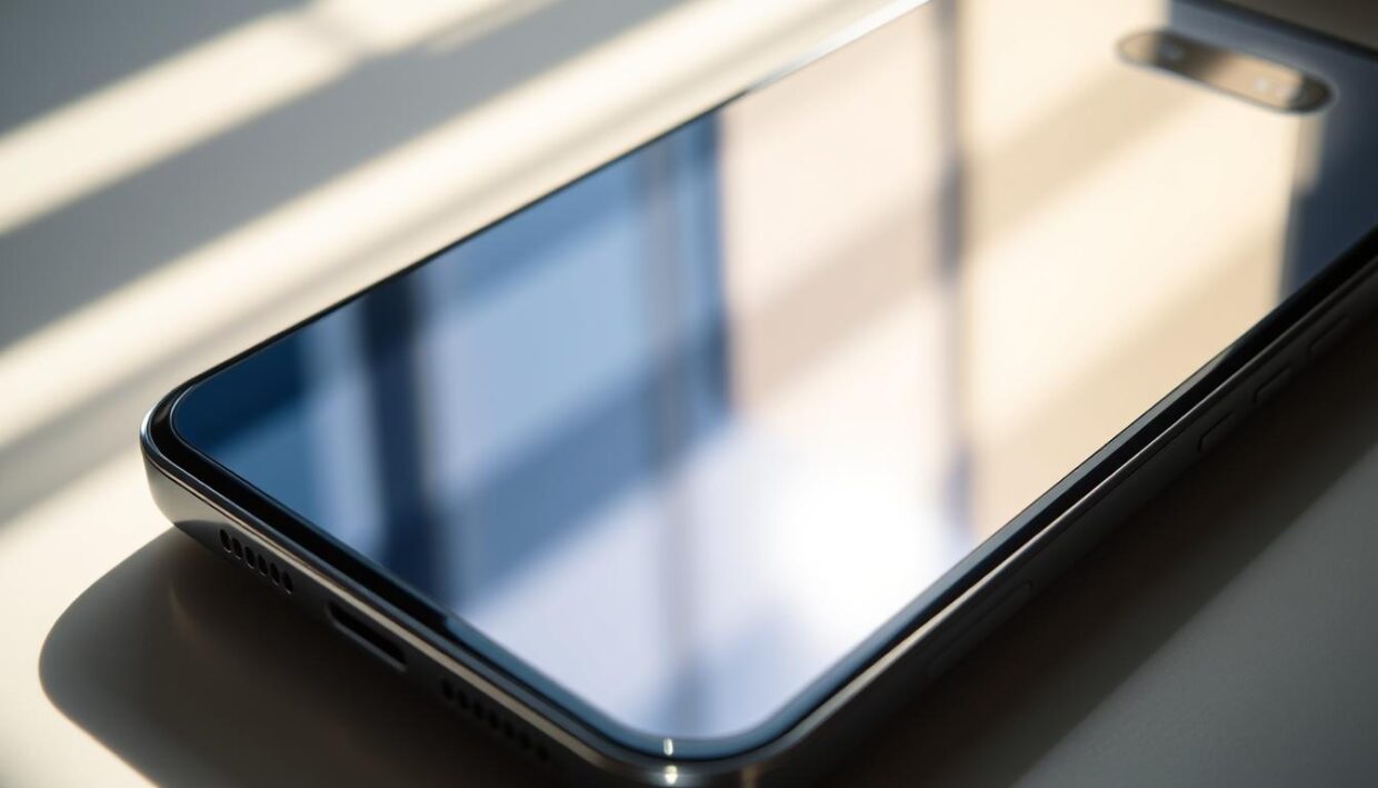 A detailed close-up shot of the new CapsPoint iPhone17 featuring a sleek and modern design, showcasing its stunning 6.7-inch Super Retina XDR display with ProMotion 120Hz refresh rate technology. The screen is illuminated by natural and soft lighting, creating a crisp, vivid, and visually compelling image. The device is captured from a slightly elevated angle, highlighting its elegant curves and precise construction. The image conveys a sense of premium quality, cutting-edge innovation, and the latest advancements in mobile display technology.